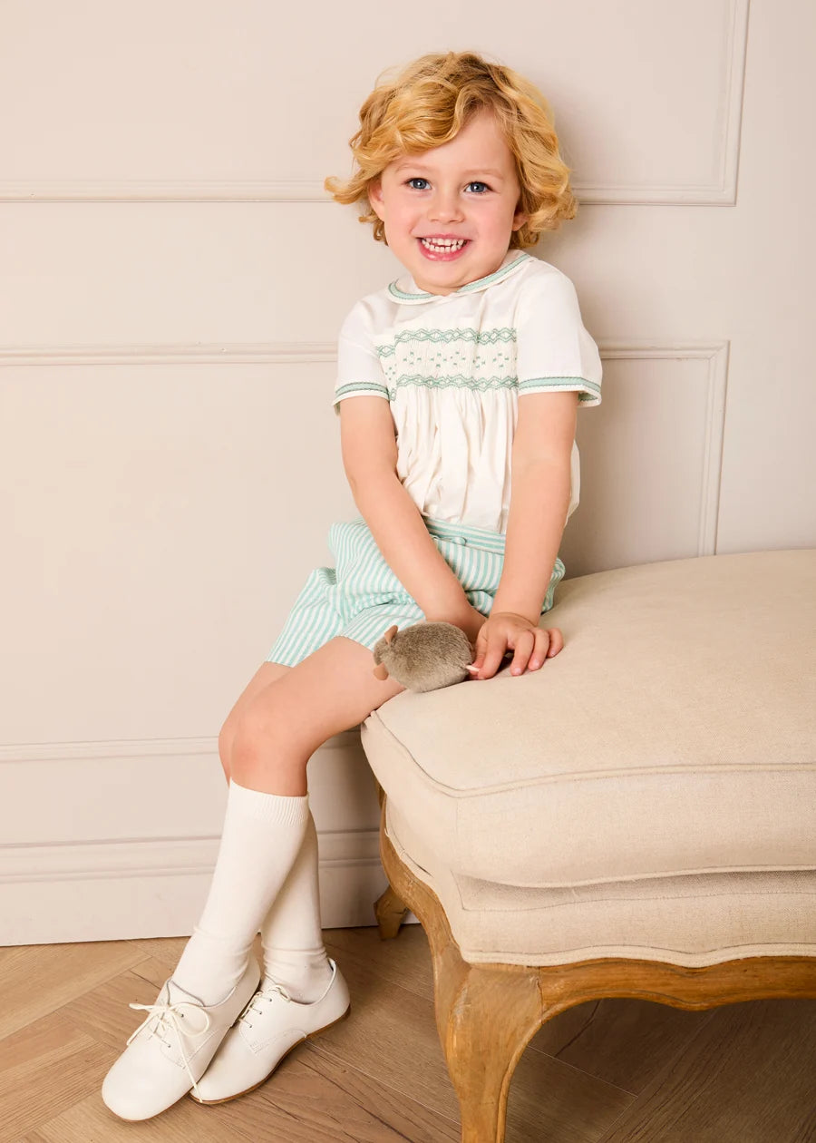 Wimbledon Stripe Hand Smocked Peter Pan Collar Two Piece Set in Green (18mths-6yrs) Two Piece Set from Pepa London