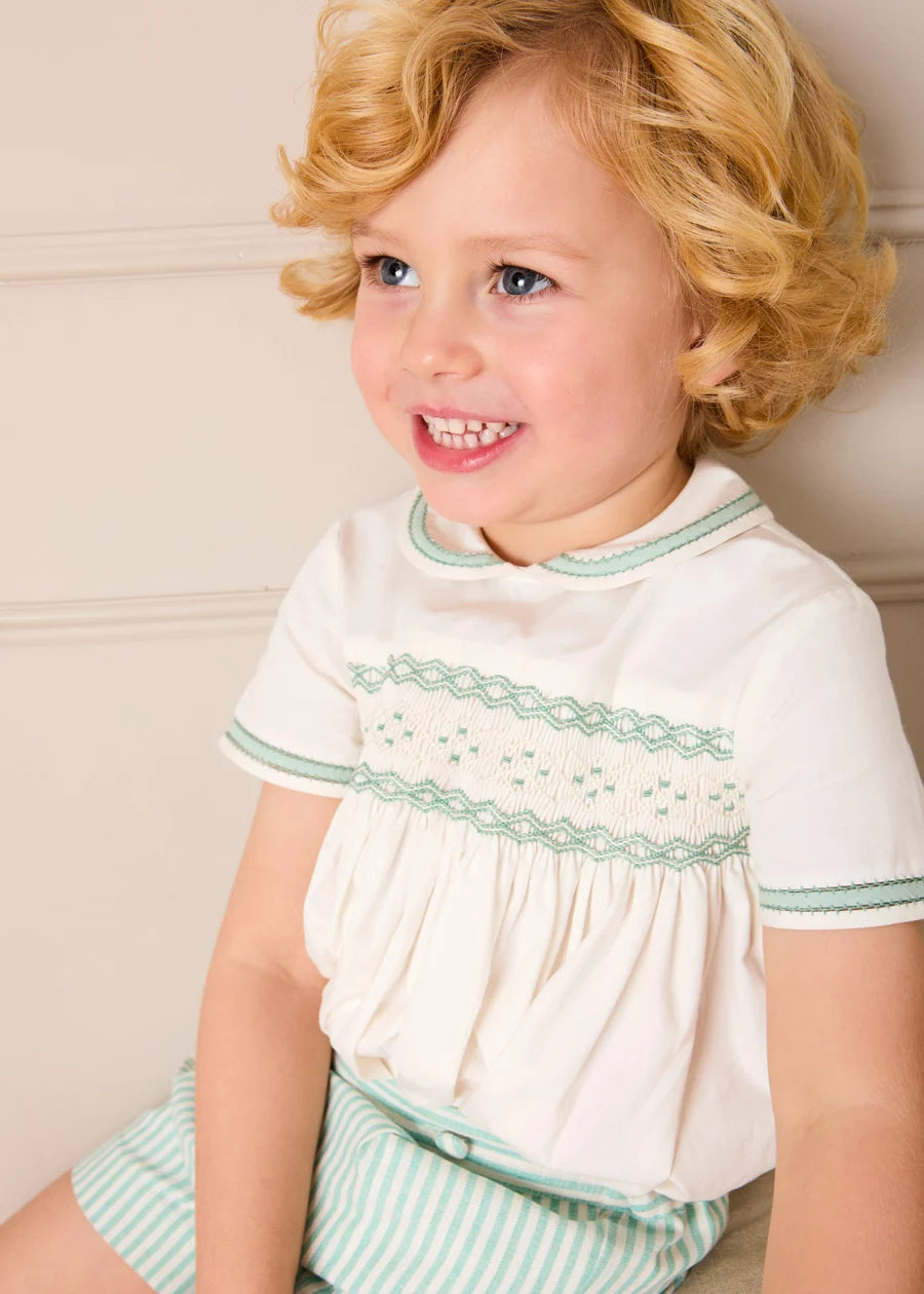Wimbledon Stripe Hand Smocked Peter Pan Collar Two Piece Set in Green (18mths-6yrs) Two Piece Set from Pepa London