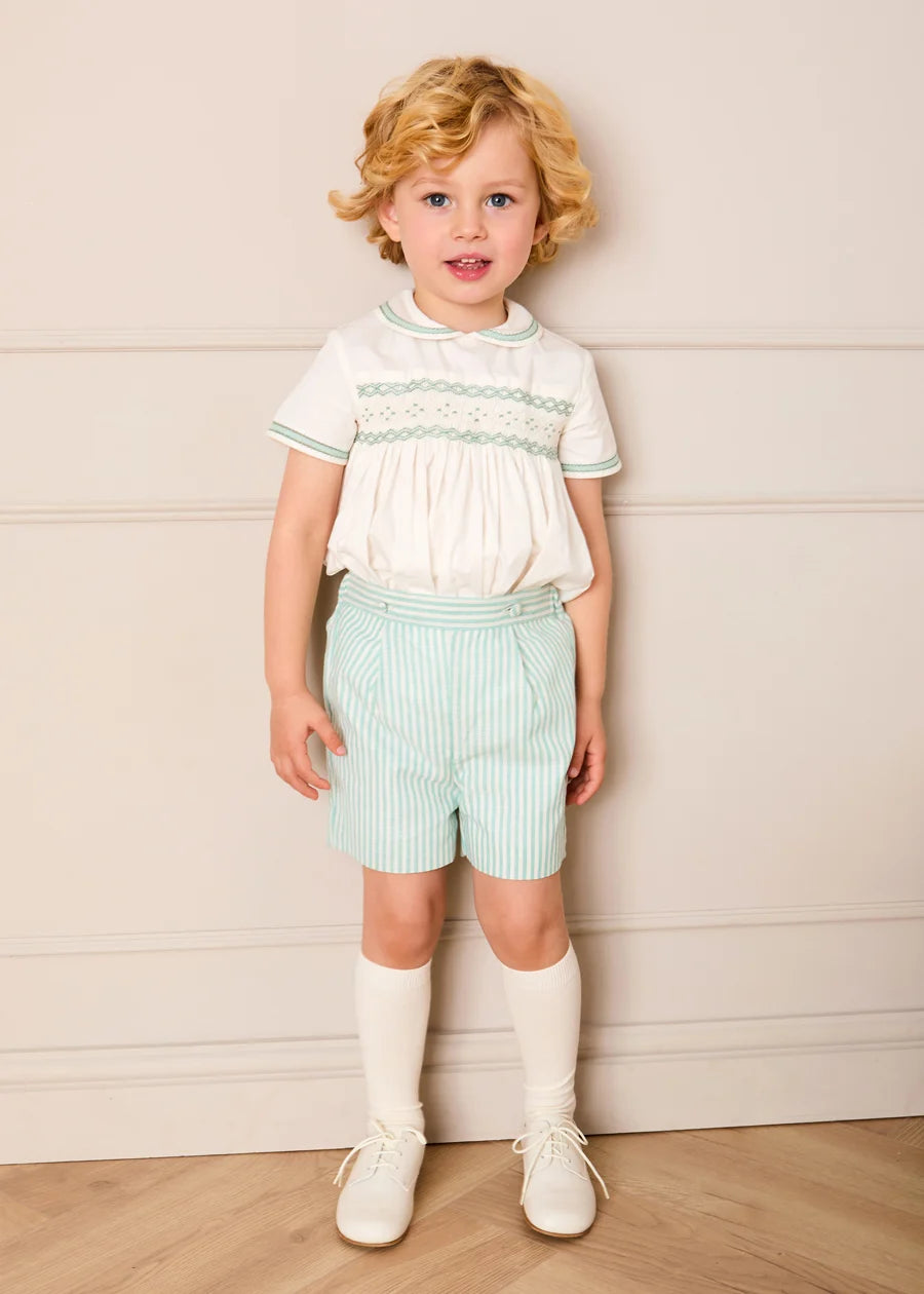 Wimbledon Stripe Hand Smocked Peter Pan Collar Two Piece Set in Green (18mths-6yrs) Two Piece Set from Pepa London