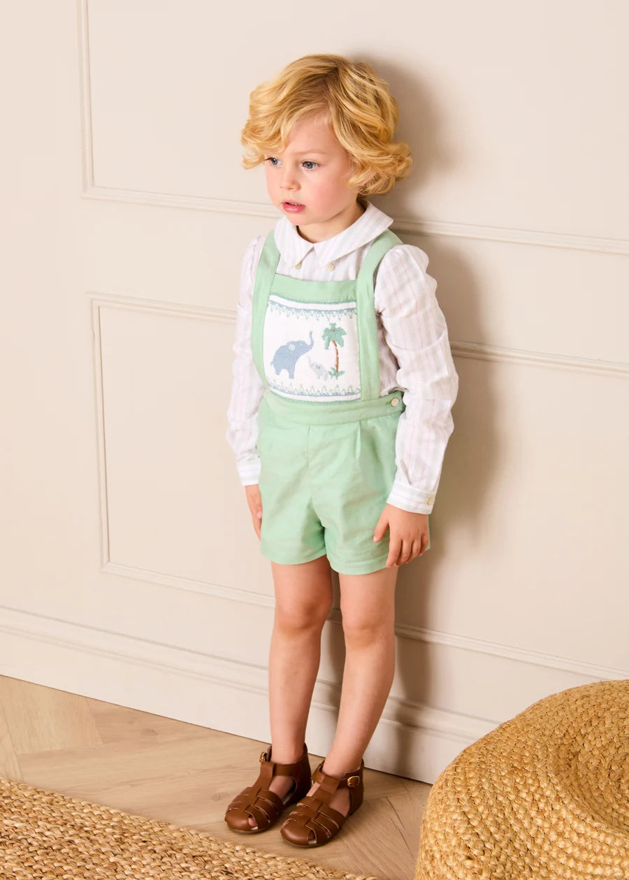 Elephant Embroidered Smocked Dungarees in Sage Green (18mths-4yrs) Shorts from Pepa London