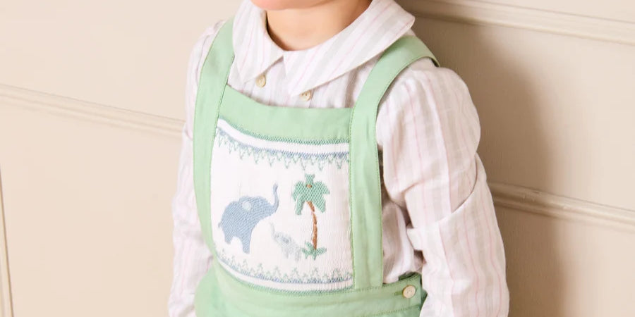 Elephant Embroidered Smocked Dungarees in Sage Green (18mths-4yrs) Shorts from Pepa London