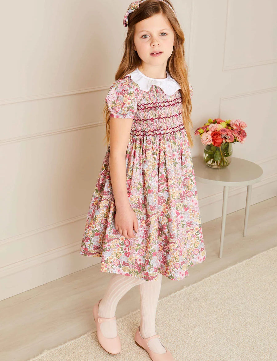 Florence Floral Hand Smocked Short Sleeve Dress in Pink (18mths-10yrs) DRESSES from Pepa London