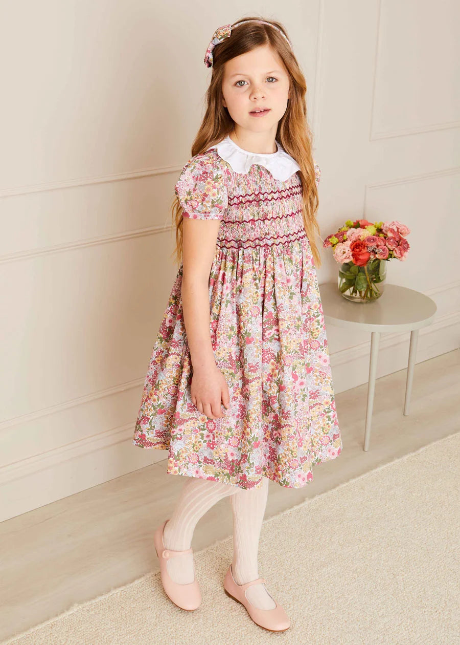 Florence Floral Hand Smocked Short Sleeve Dress in Pink (18mths-10yrs) DRESSES from Pepa London