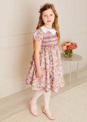 Florence Floral Hand Smocked Short Sleeve Dress in Pink (18mths-10yrs) DRESSES from Pepa London