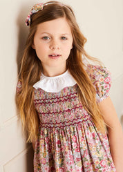 Florence Floral Hand Smocked Short Sleeve Dress in Pink (18mths-10yrs) DRESSES from Pepa London