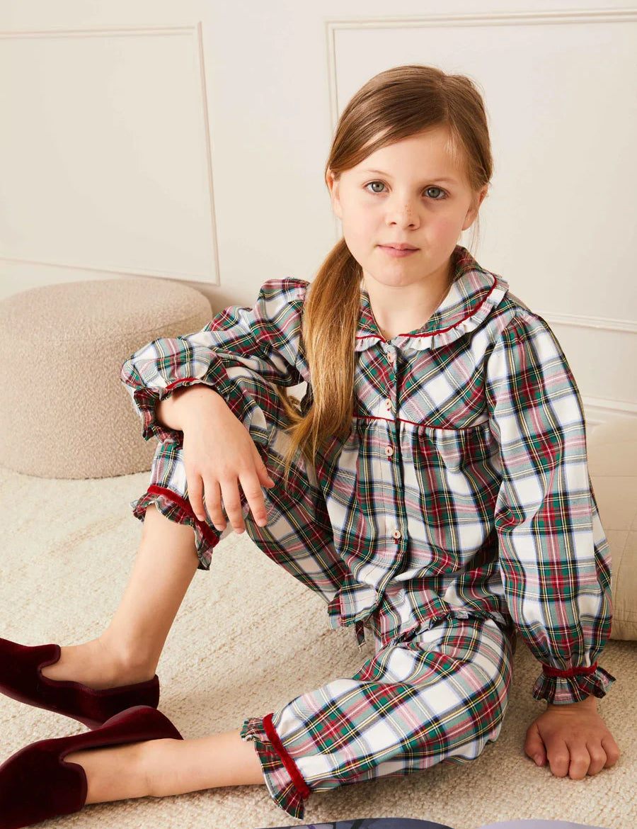 Sussex Tartan Ruffle Collar Pyjamas in Red (18mths-10yrs) Nightwear  from Pepa London