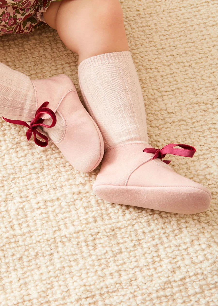 Suede Pink Baby Pram Shoes with Velvet Ribbon 17 20EU