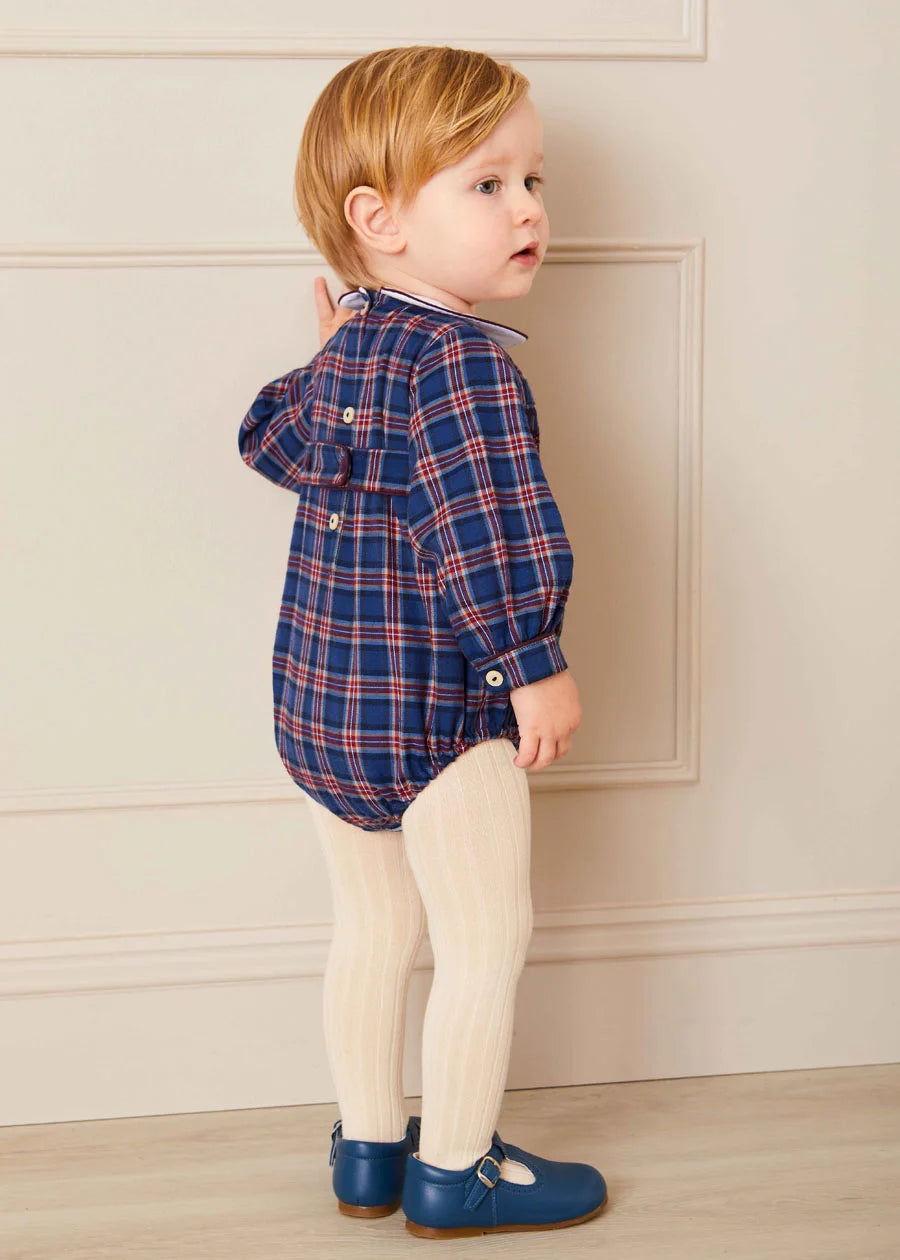 Eaton Check Hand Smocked Romper in Navy (6mths-2yrs) Rompers  from Pepa London
