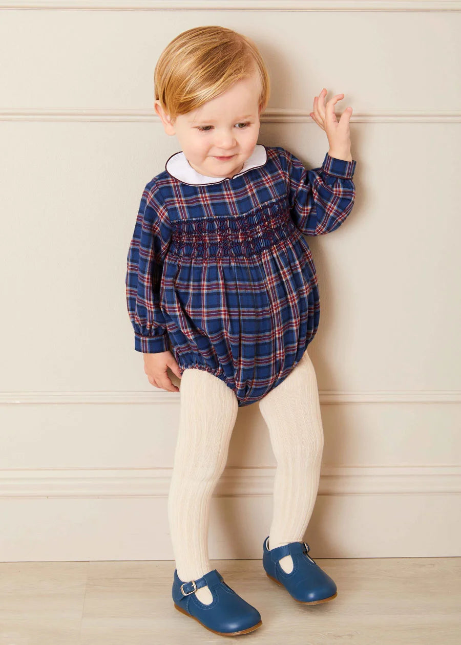 Eaton Check Hand Smocked Romper in Navy (6mths-2yrs) Rompers  from Pepa London