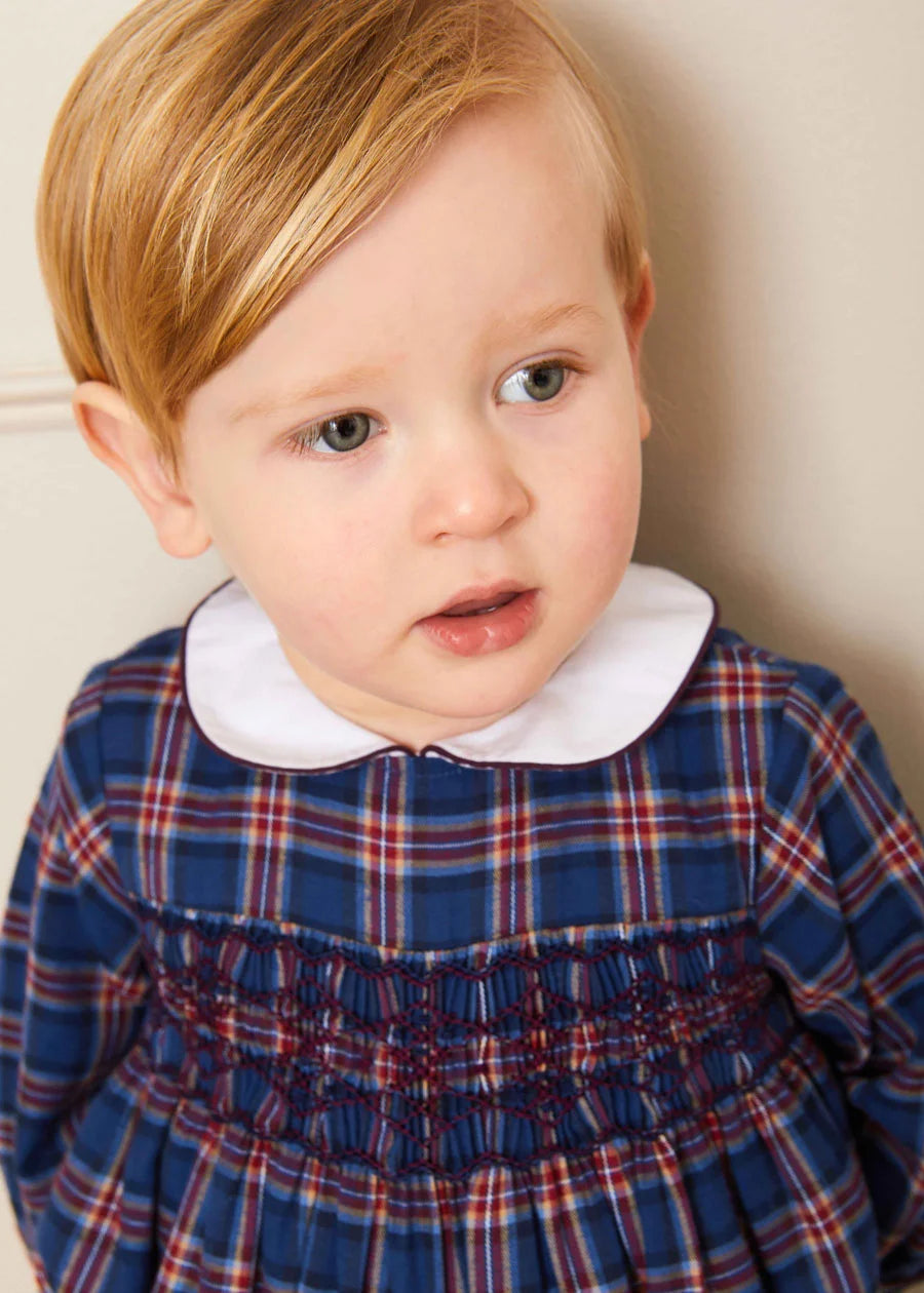 Eaton Check Hand Smocked Romper in Navy (6mths-2yrs) Rompers  from Pepa London