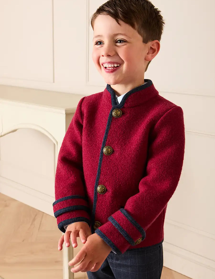 Austrian Single Breasted Constrast Trim Jacket in Burgundy (3-10yrs) Coats from Pepa London