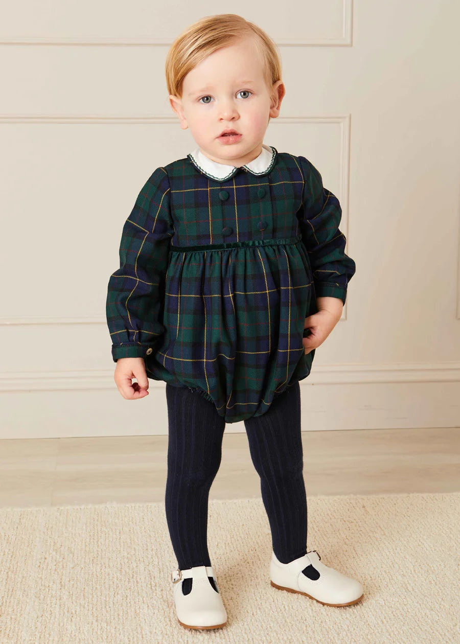 Windsor Tartan Smocked Romper in Green (6mths-2yrs) Rompers  from Pepa London