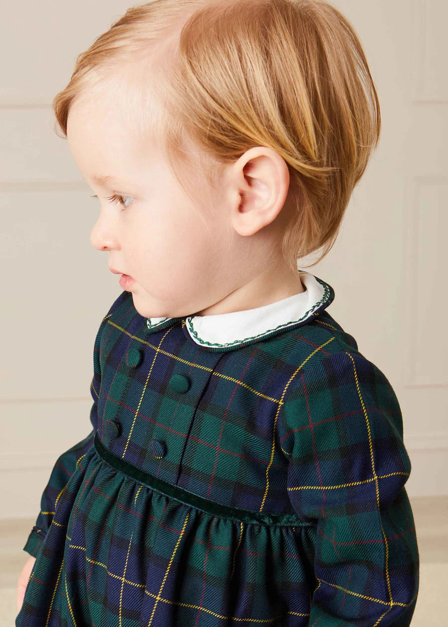 Windsor Tartan Smocked Romper in Green (6mths-2yrs) Rompers  from Pepa London