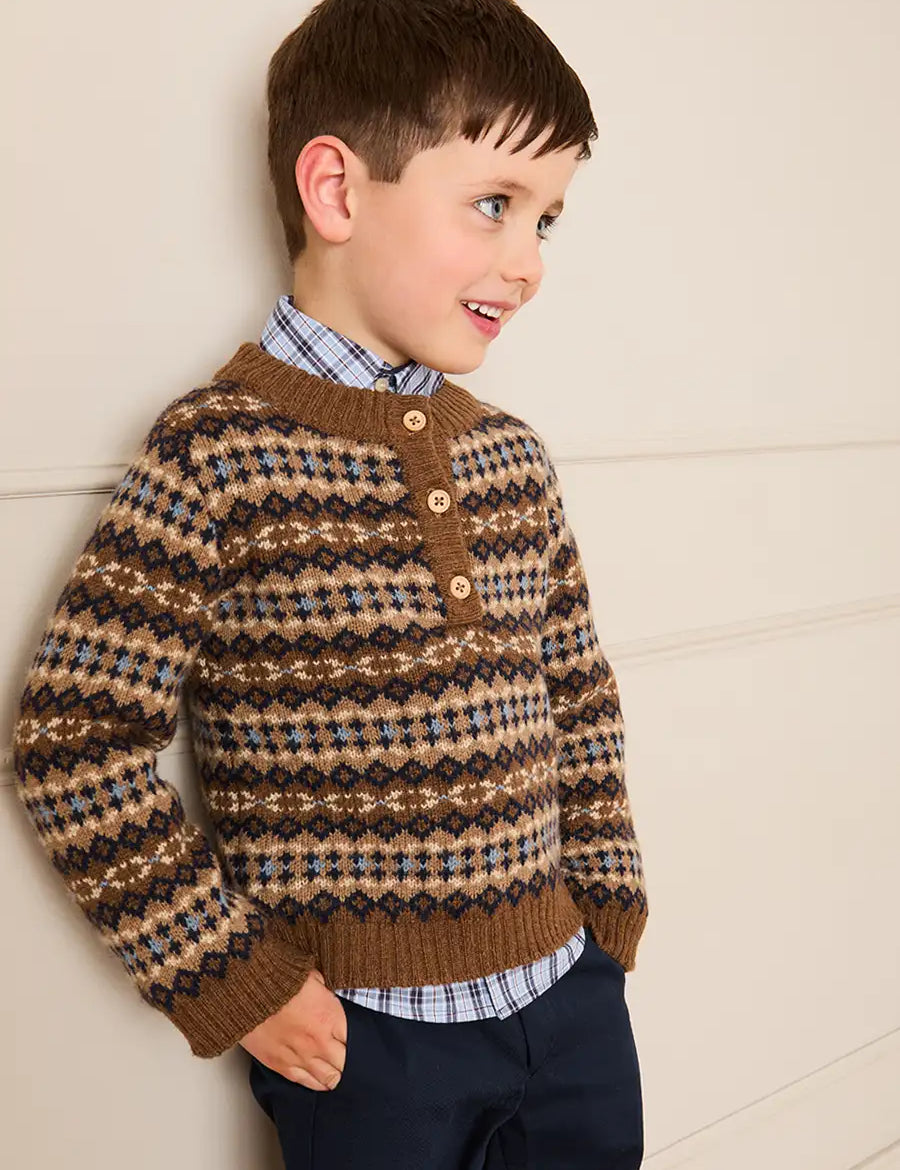 Fair Isle All Over Knitted Jumper in Brown (3-10yrs) Knitwear from Pepa London