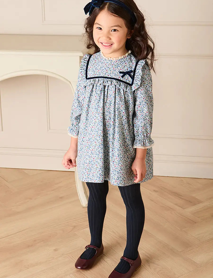 Alexandra Floral Long Sleeve Trapeze Dress in Blue (18mths-10yrs) Dresses from Pepa London