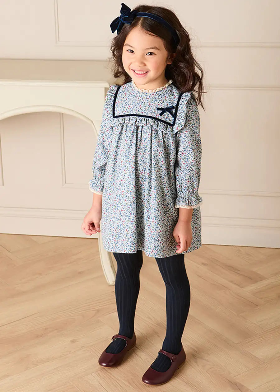 Alexandra Floral Long Sleeve Trapeze Dress in Blue (18mths-10yrs) Dresses from Pepa London