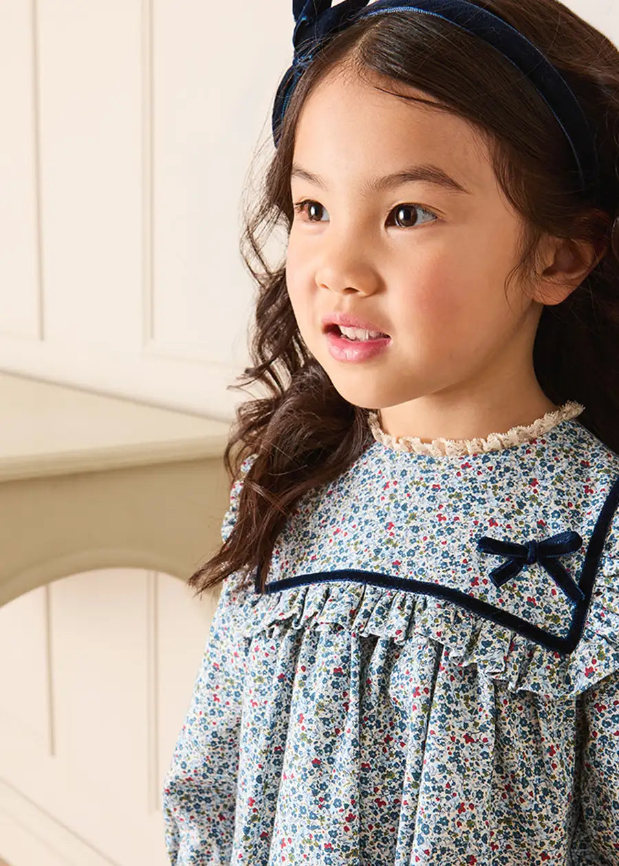 Alexandra Floral Long Sleeve Trapeze Dress in Blue (18mths-10yrs) Dresses from Pepa London