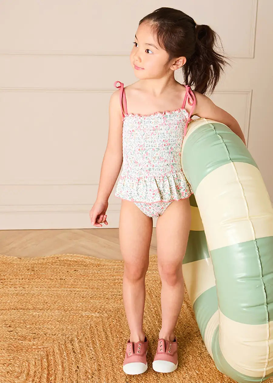 Violet Floral Smocked Swimsuit in Pink (2-10yrs) Swimwear from Pepa London