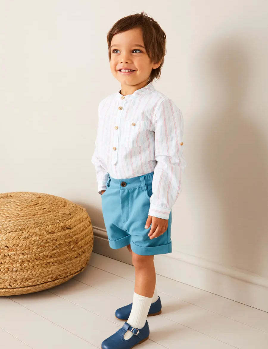 Chesham Striped Mao Collar Long Sleeve Shirt in Red (3-10yrs) SHIRTS from Pepa London