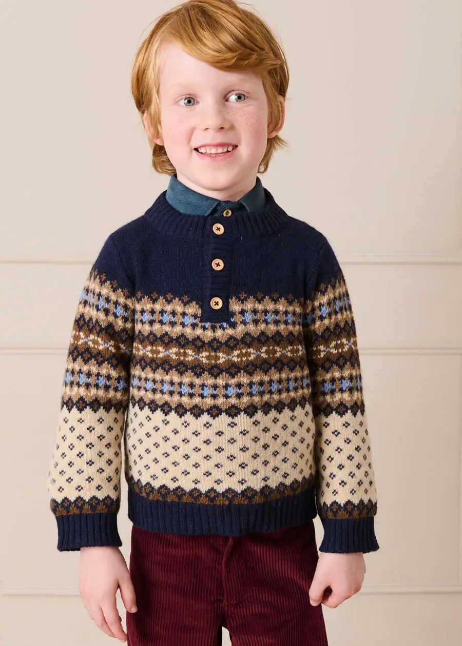 Fair Isle Jacquard Three Button Jumper in Blue (2-10yrs) Knitwear from Pepa London