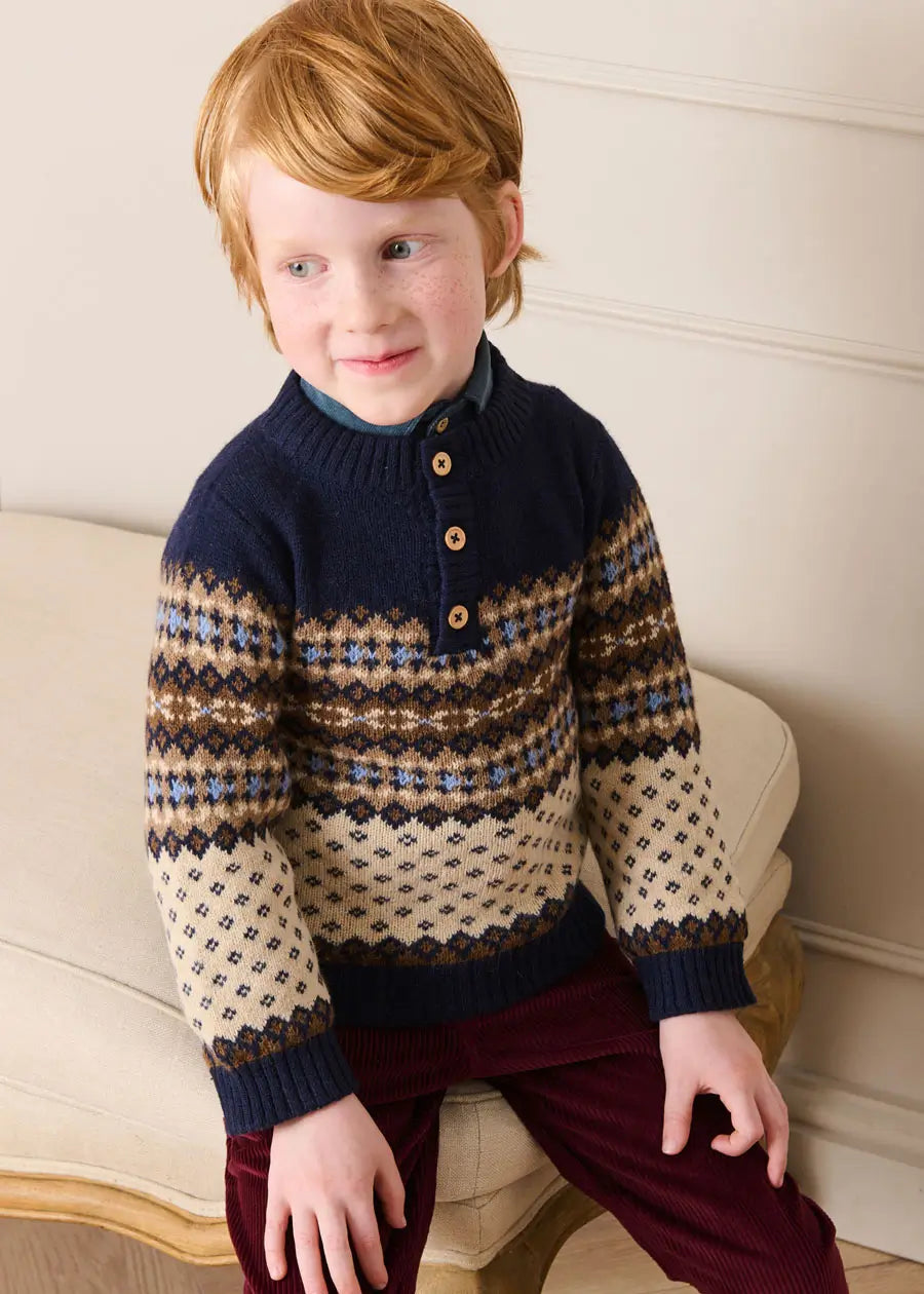 Fair Isle Jacquard Three Button Jumper in Blue (2-10yrs) Knitwear from Pepa London
