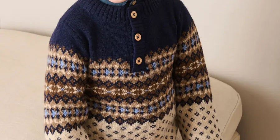 Fair Isle Jacquard Three Button Jumper in Blue (2-10yrs) Knitwear from Pepa London