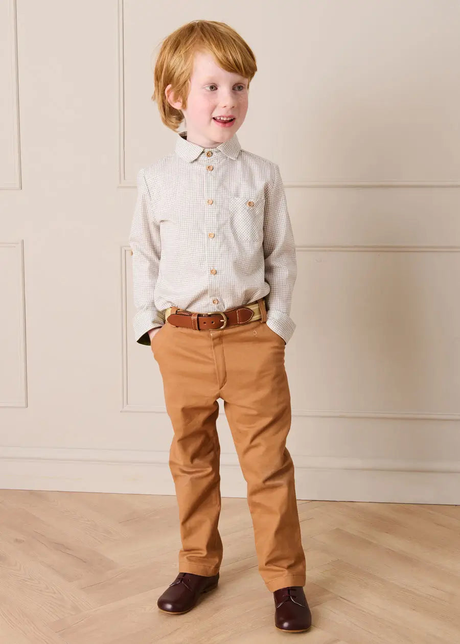 Ambrose Check Polo Collar Long Sleeve Shirt in Beige (12mths-10yrs) Shirts from Pepa London