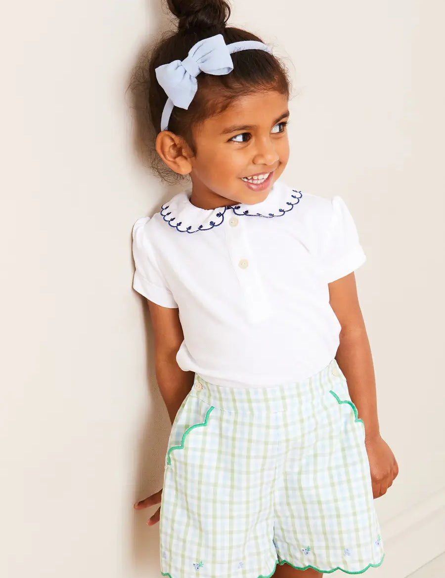 Maxwell Gingham Scallop Trim Embroidered Shorts in Green (18mths-10yrs) SHORTS from Pepa London