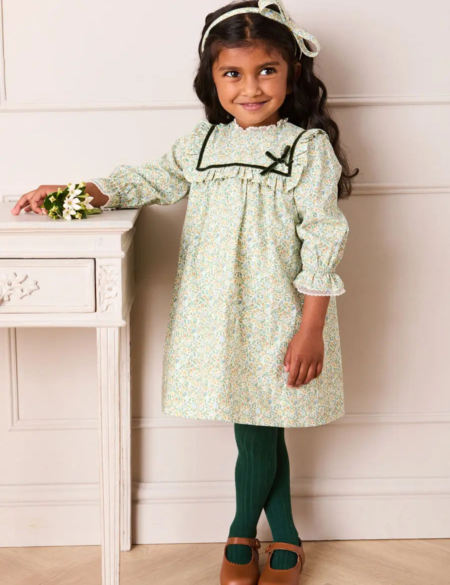 Adelaide Floral Velvet Bow Long Sleeve Trapeze Dress in Green (18mths-10yrs) Dresses from Pepa London