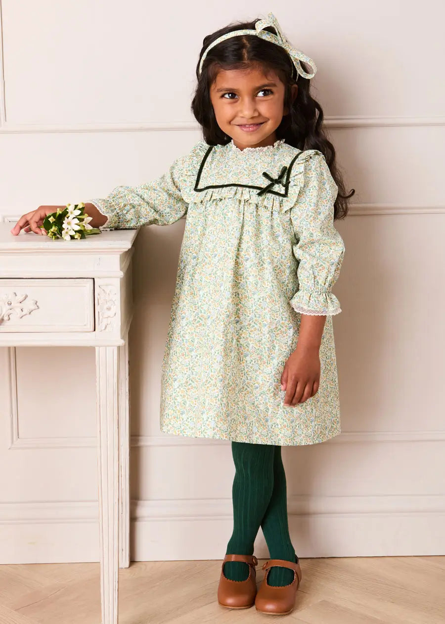 Adelaide Floral Velvet Bow Long Sleeve Trapeze Dress in Green (18mths-10yrs) Dresses from Pepa London