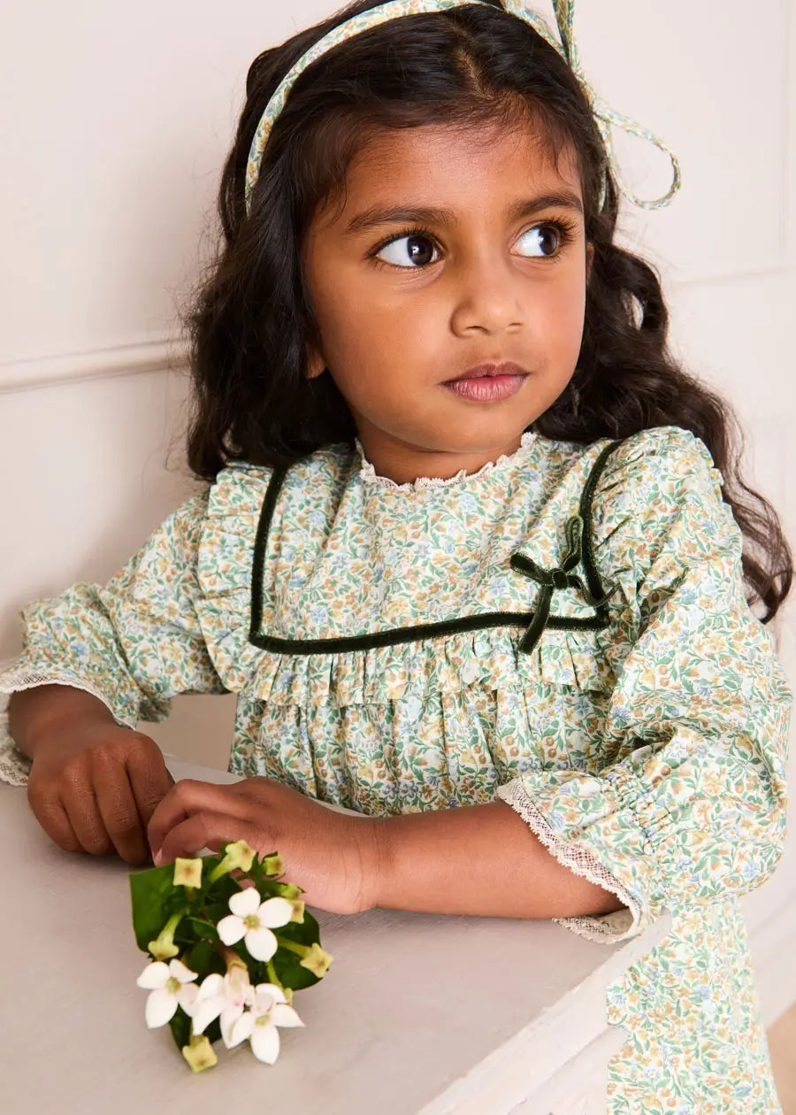 Adelaide Floral Velvet Bow Long Sleeve Trapeze Dress in Green (18mths-10yrs) Dresses from Pepa London