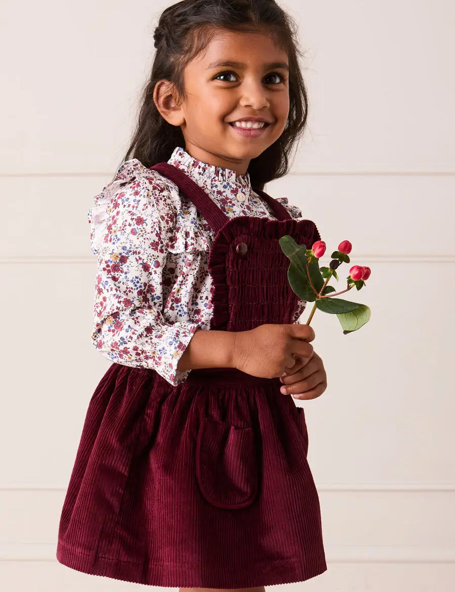 Louisa Floral Ruffle Trim Long Sleeve Blouse in Burgundy (4-10yrs) Blouses from Pepa London