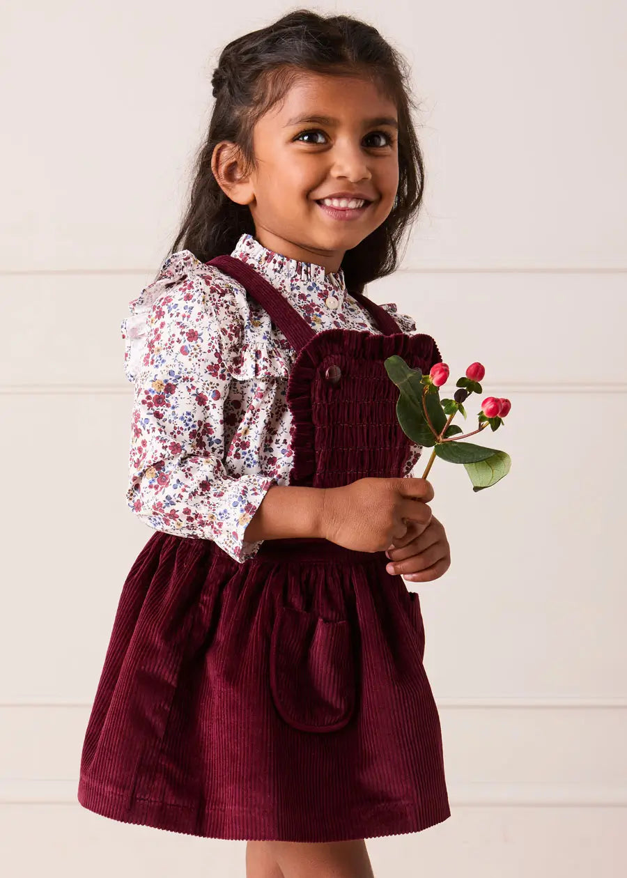Louisa Floral Ruffle Trim Long Sleeve Blouse in Burgundy (4-10yrs) Blouses from Pepa London