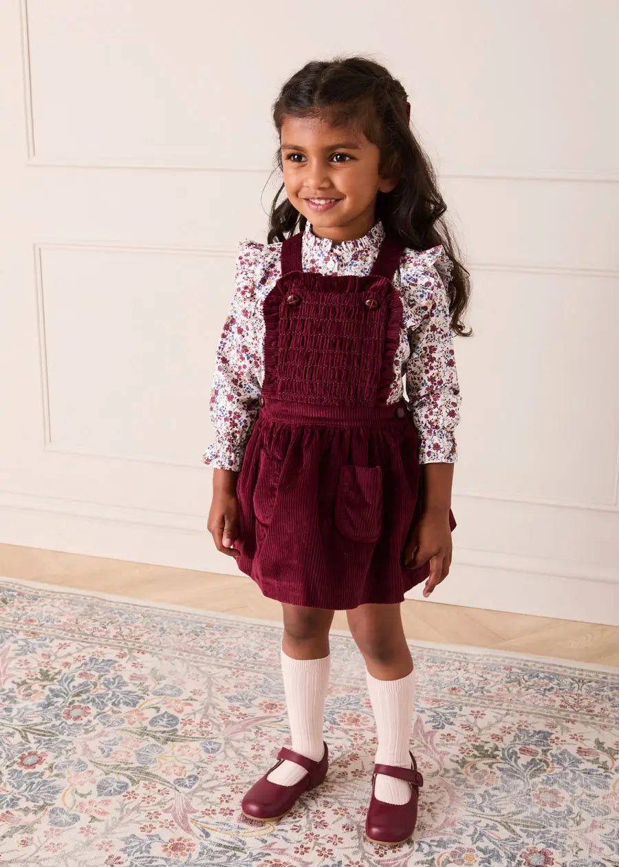 Louisa Floral Ruffle Trim Long Sleeve Blouse in Burgundy (4-10yrs) Blouses from Pepa London