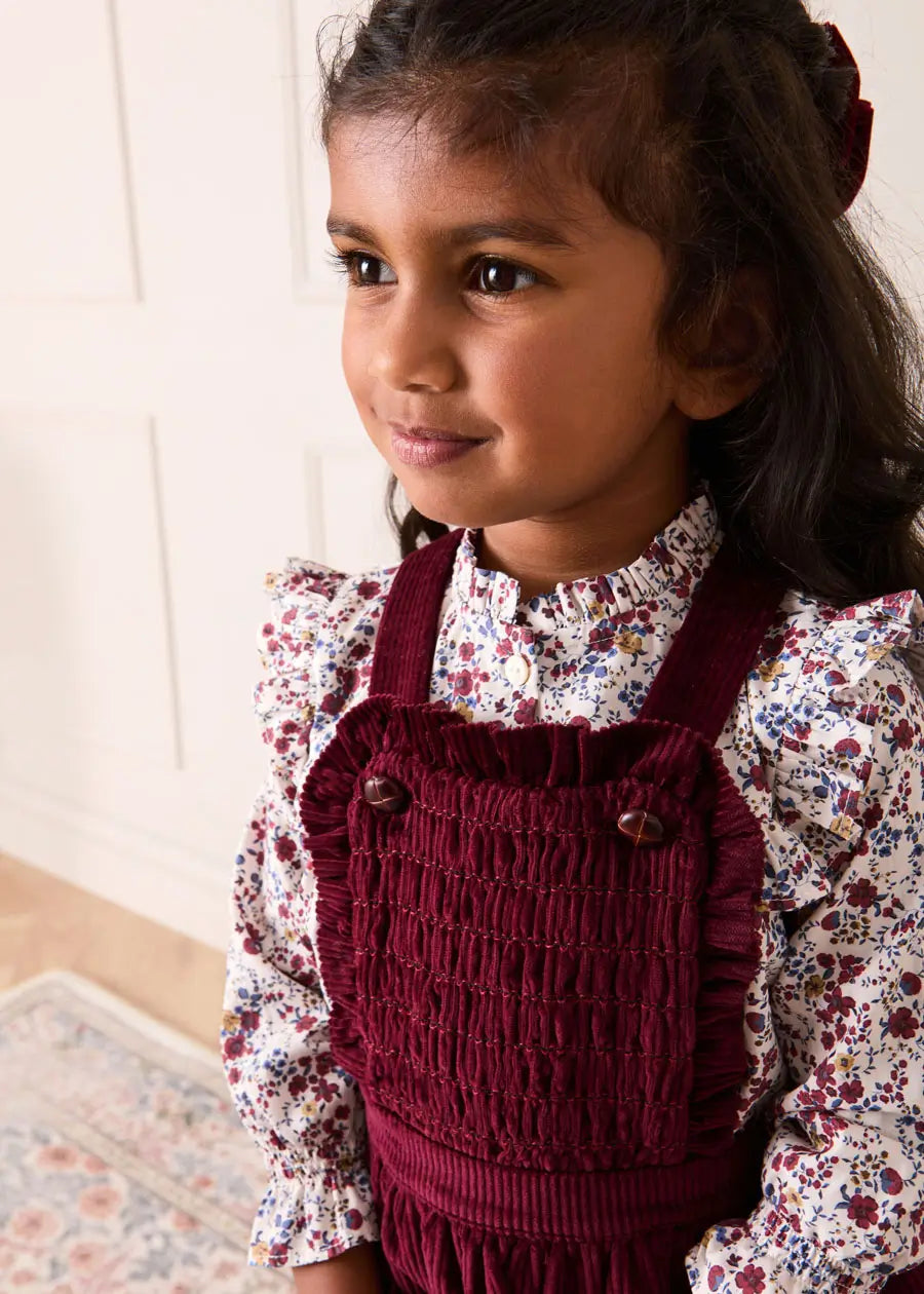 Louisa Floral Ruffle Trim Long Sleeve Blouse in Burgundy (4-10yrs) Blouses from Pepa London