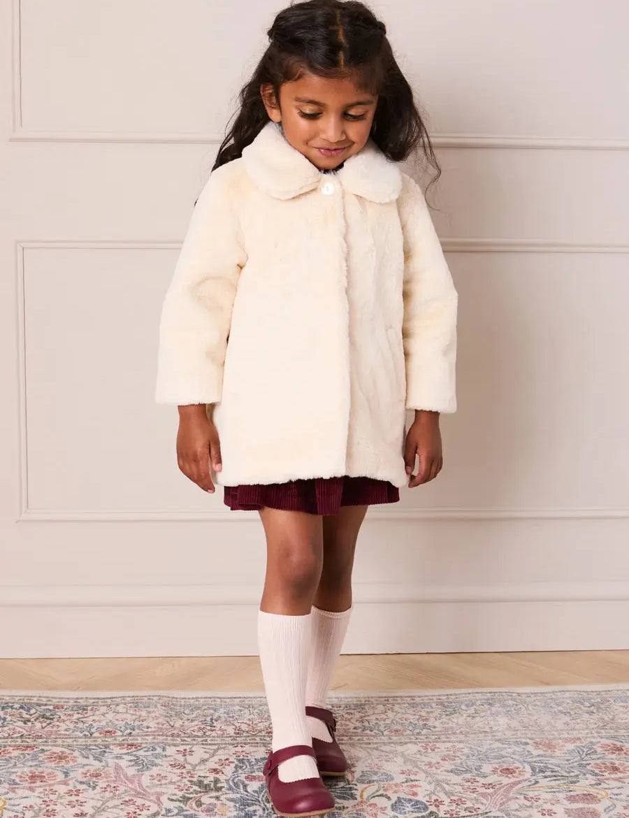Faux Fur Pocket Detail Nellie Floral Lined Coat in Cream (2-10yrs) Coats from Pepa London