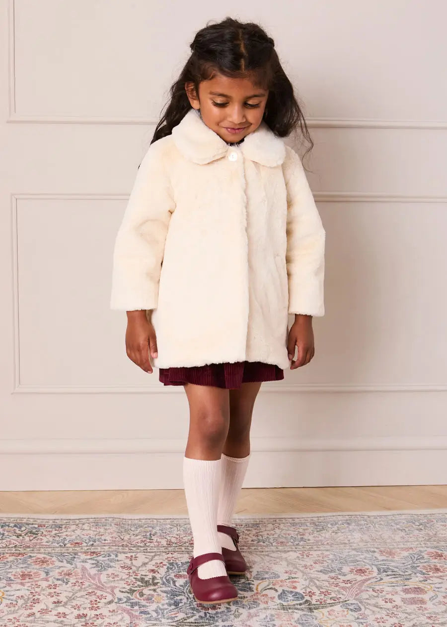 Faux Fur Pocket Detail Nellie Floral Lined Coat in Cream (2-10yrs) Coats from Pepa London