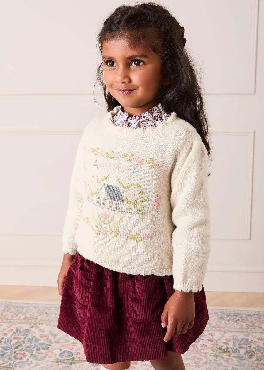 Alpaca Wool Cottage Cross Stitch Embroidered Jumper in Cream (6mths-4yrs) Knitwear from Pepa London