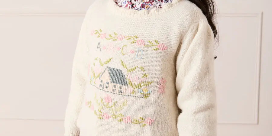 Alpaca Wool Cottage Cross Stitch Embroidered Jumper in Cream (6mths-4yrs) Knitwear from Pepa London
