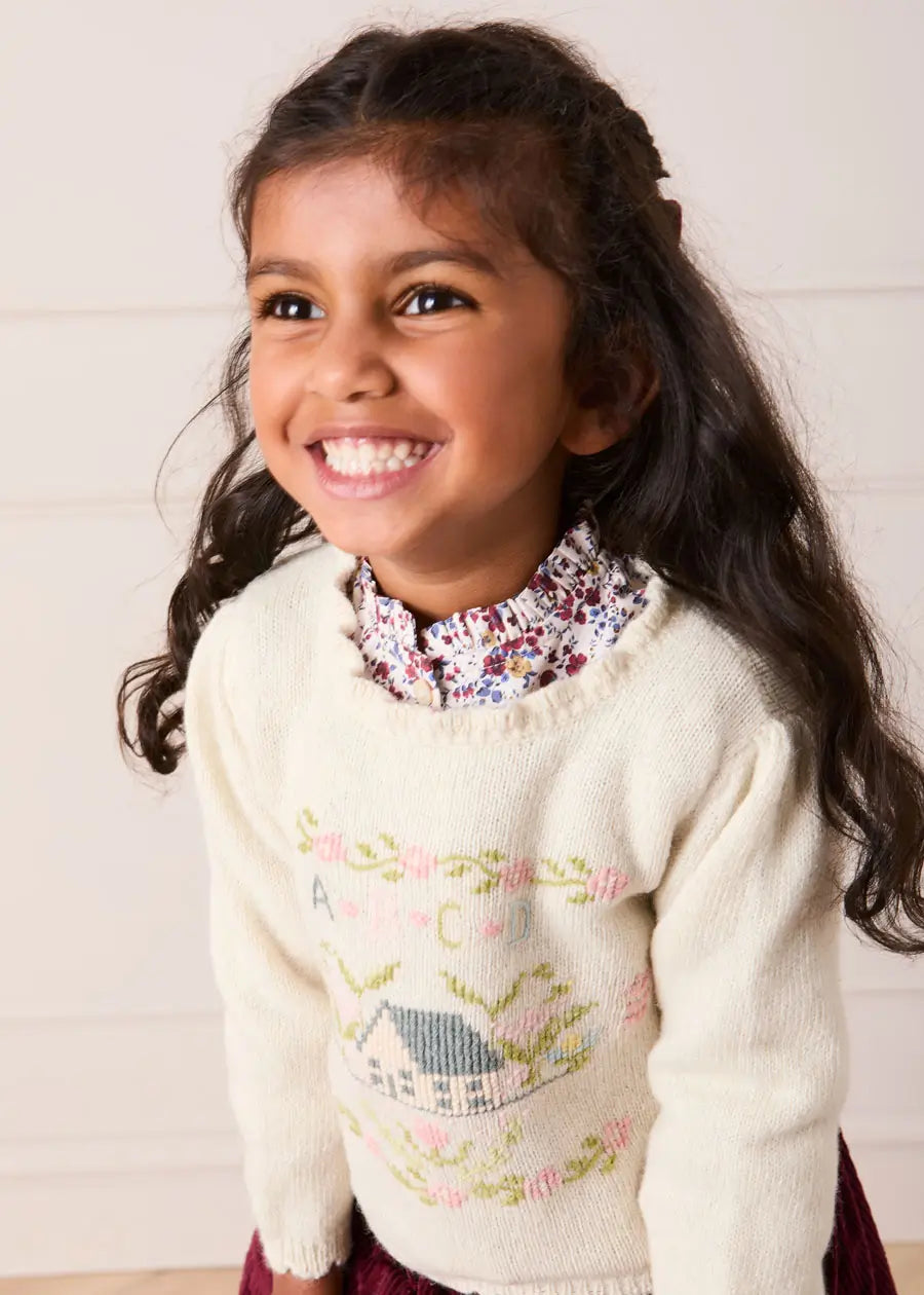 Alpaca Wool Cottage Cross Stitch Embroidered Jumper in Cream (6mths-4yrs) Knitwear from Pepa London