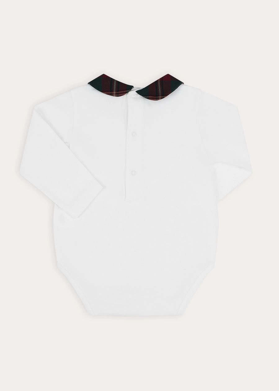 Balmoral Tartan Peter Pan Collar Bodysuit in Burgundy (1mth-3yrs) Tops & Bodysuits from Pepa London