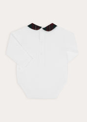 Balmoral Tartan Peter Pan Collar Bodysuit in Burgundy (1mth-3yrs) Tops & Bodysuits from Pepa London
