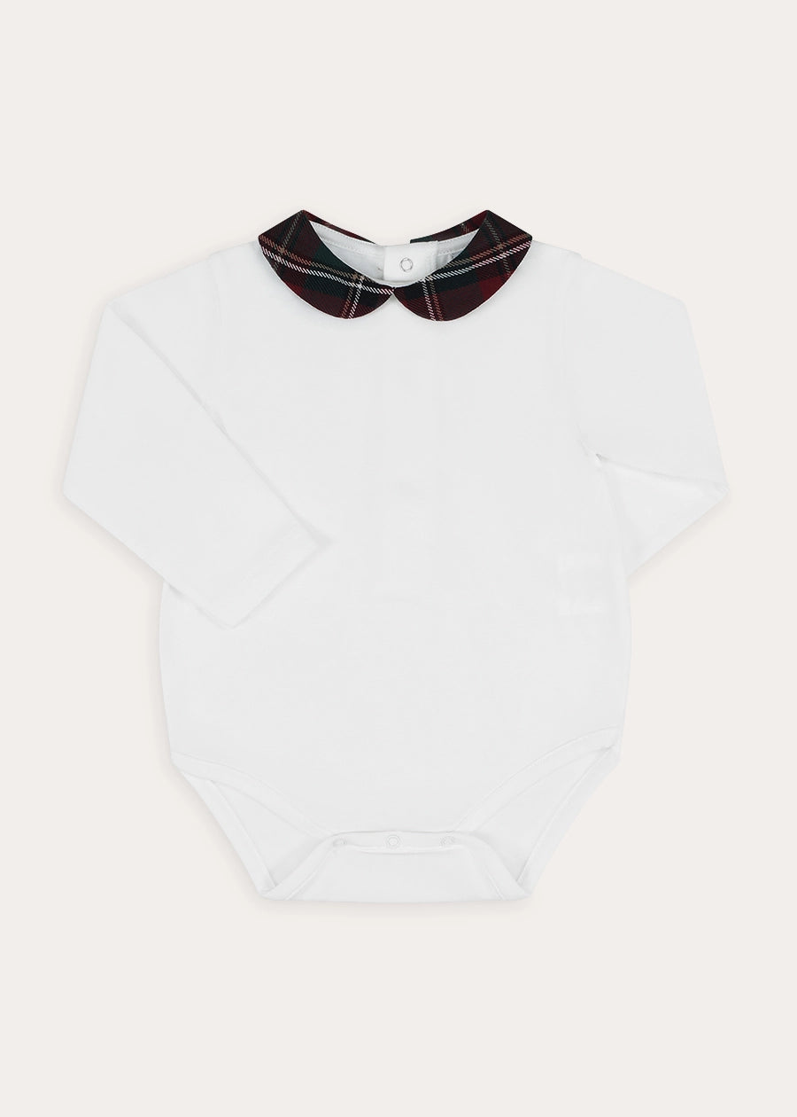 Balmoral Tartan Peter Pan Collar Bodysuit in Burgundy (1mth-3yrs) Tops & Bodysuits from Pepa London