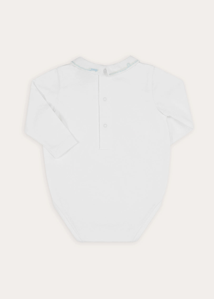 Birdie Hand Embroidered Long Sleeve Bodysuit in White (1-18mths) Tops & Bodysuits from Pepa London