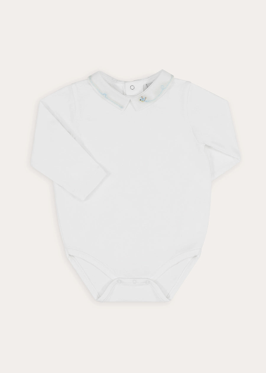 Birdie Hand Embroidered Long Sleeve Bodysuit in White (1-18mths) Tops & Bodysuits from Pepa London