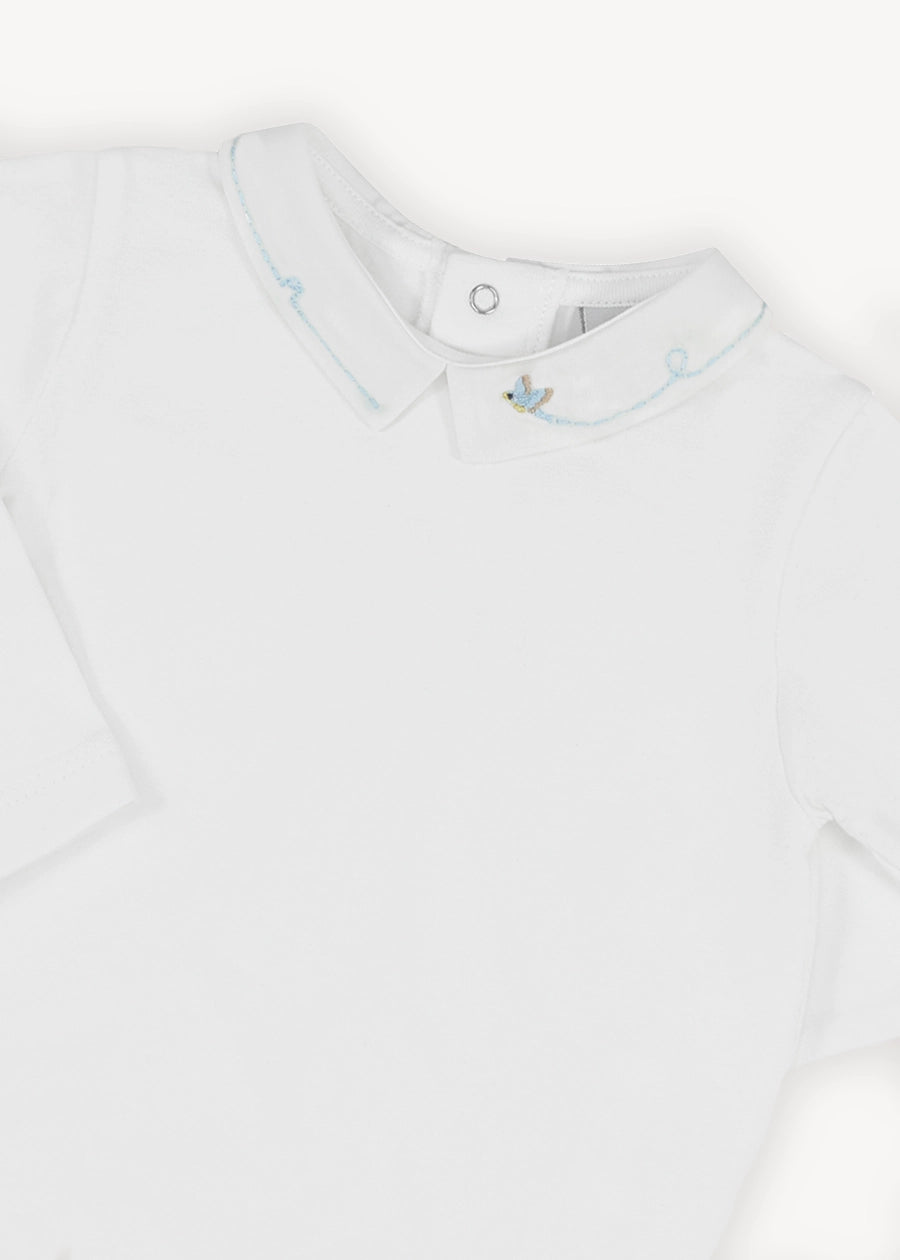 Birdie Hand Embroidered Long Sleeve Bodysuit in White (1-18mths)