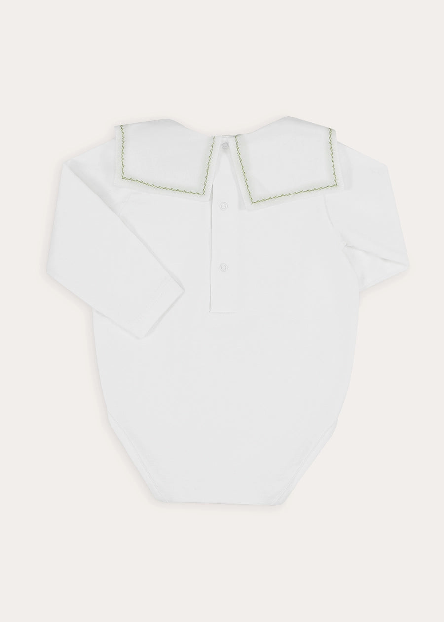 Train Embroidered Mariner Collar Long Sleeve Bodysuit in White (3mths-3yrs) Tops & Bodysuits from Pepa London