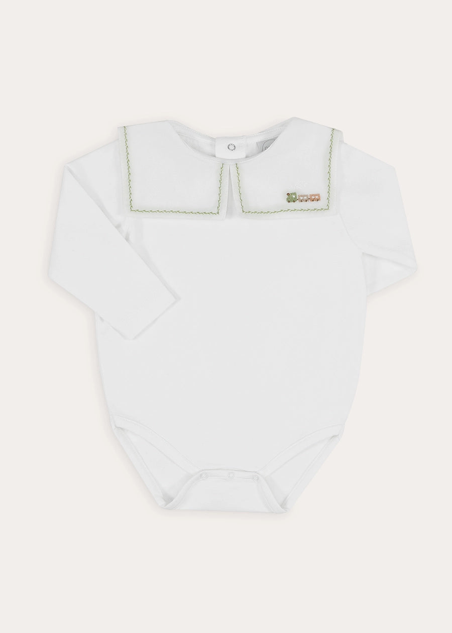 Train Embroidered Mariner Collar Long Sleeve Bodysuit in White (3mths-3yrs) Tops & Bodysuits from Pepa London