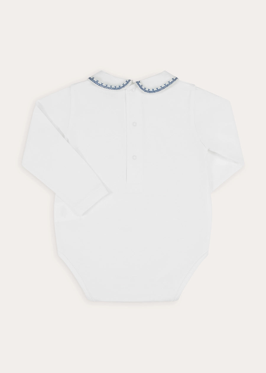 Peter Pan Collar Embroidered Long Sleeve Bodysuit in Blue (6mths-3yrs) Tops & Bodysuits from Pepa London