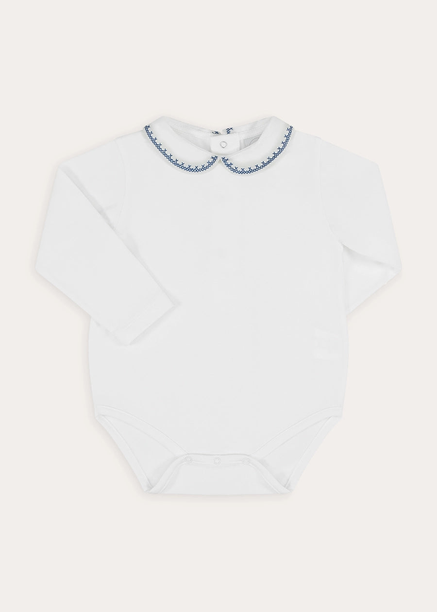Peter Pan Collar Embroidered Long Sleeve Bodysuit in Blue (6mths-3yrs) Tops & Bodysuits from Pepa London